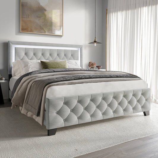 Grey Upholstered Platform Twin or Full Bed