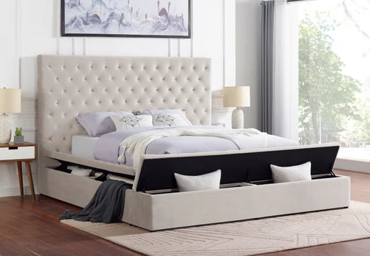 Beige Platform Upholstered Bed with Storage