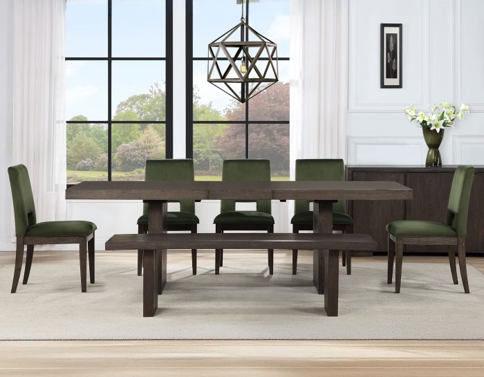 Evan 6 - Piece 78 - 96 inch Table Set with Green Velvet Chairs