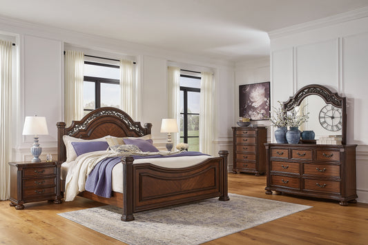 Lavinton King Poster Bed with Mirrored Dresser, Chest and 2 Nightstands