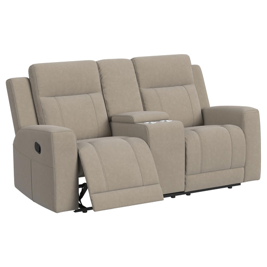 Brentwood Upholstered Motion Reclining Loveseat with Console Taupe