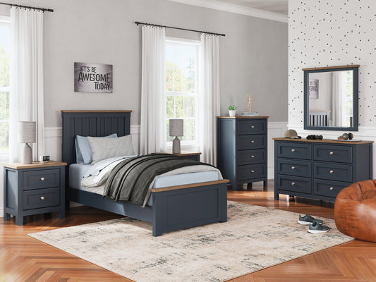 Landocken Twin Panel Bed with Mirrored Dresser, Chest and 2 Nightstands