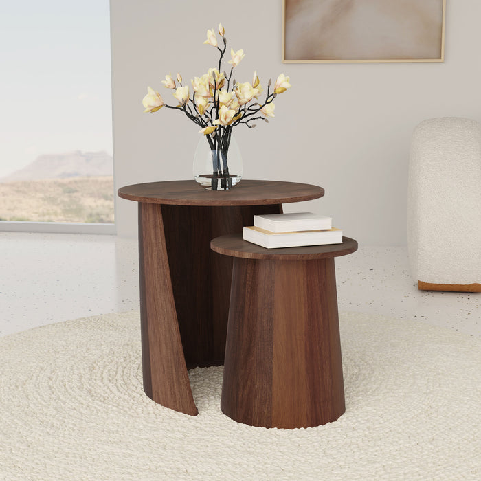 Yency 2-piece Round Mango Wood Nesting Table Set Dark Brown Mango