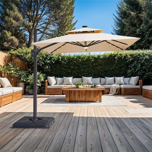 Xico - 8 Ft Square Umbrella w/ Double Top w/ LED Light + 37" Large Base