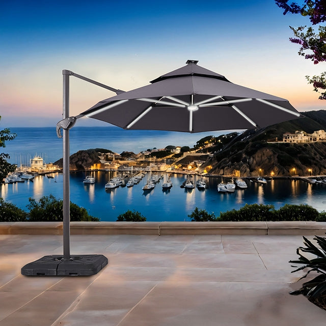 Fera - 10 Ft Round Umbrella w/ LED Bulb + 37" Large Base