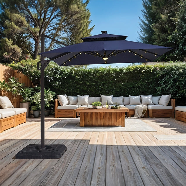 Xico - 8 Ft Square Umbrella w/ Double Top w/ LED Light + 37" Large Base