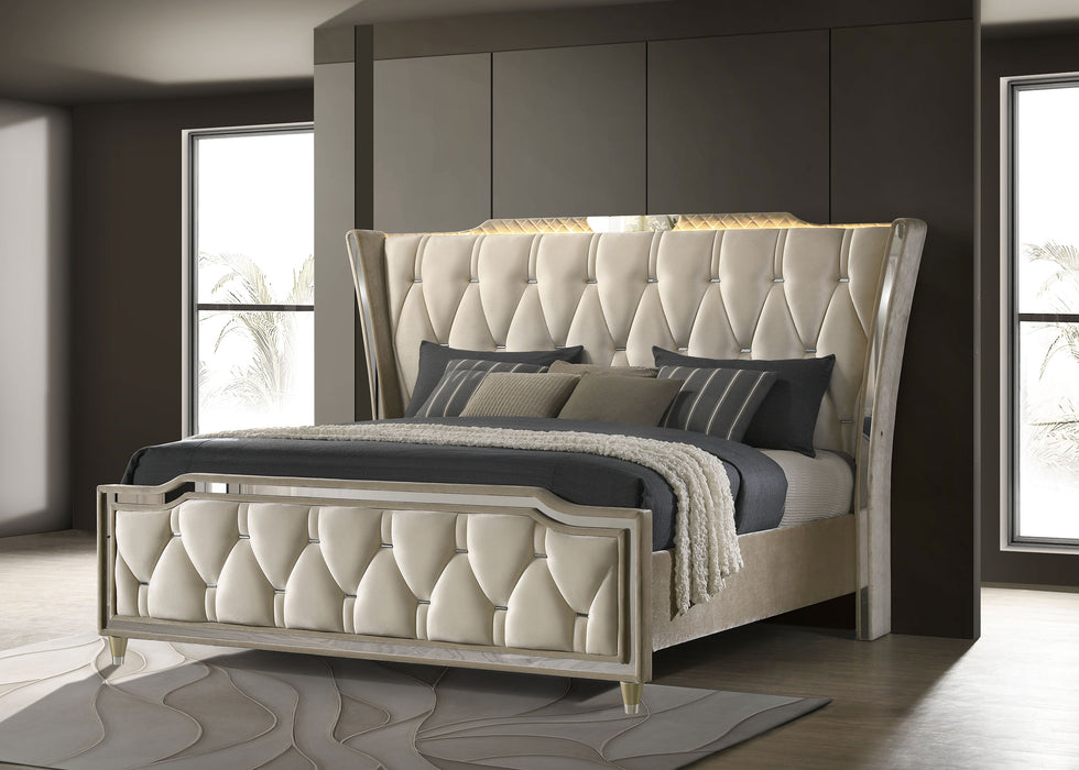 Lorient Queen LED Upholstered Wingback Bed Ivory and Camel