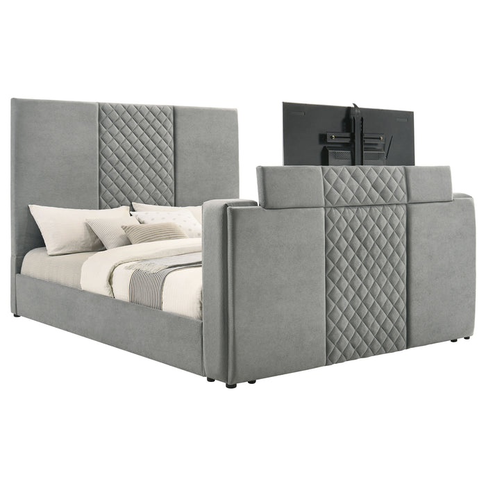 Tara 61-inch Upholstered Eastern King Panel TV Bed Grey