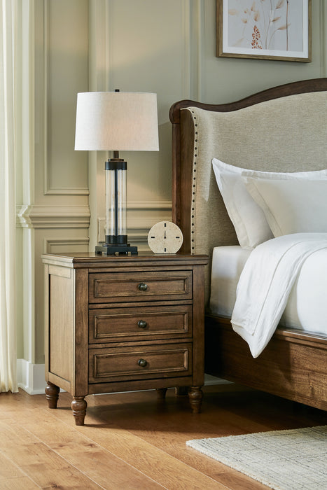 Sturlayne King Upholstered Panel Bed with Mirrored Dresser, Chest and Nightstand