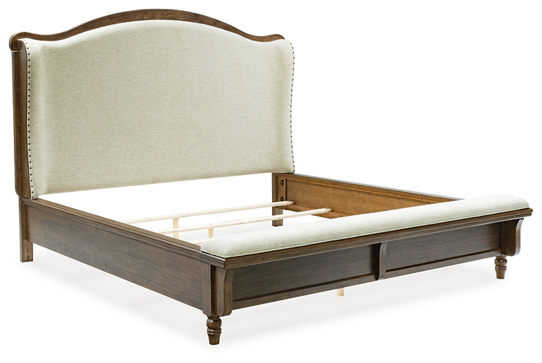 Sturlayne California King Upholstered Panel Bed with Mirrored Dresser, Chest and Nightstand