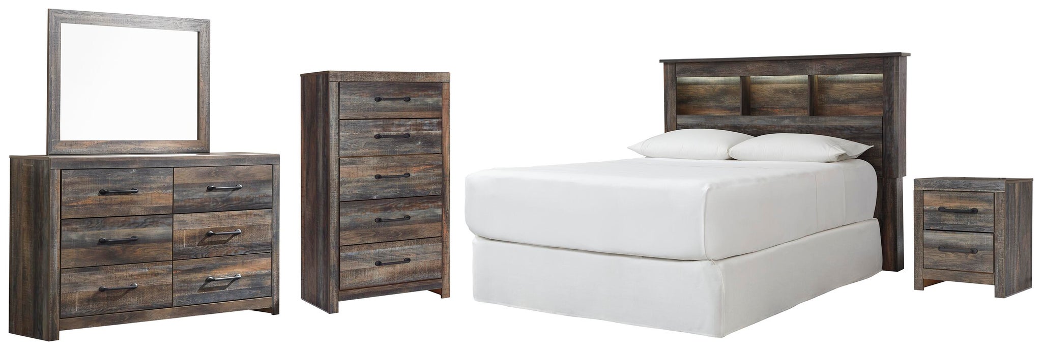 Drystan Queen Bookcase Headboard, Dresser, Mirror, Chest and Nightstand