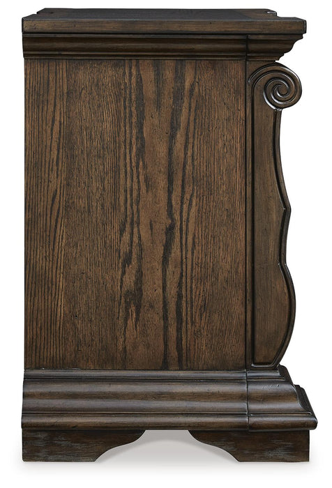Maylee King Upholstered Bed, Dresser, Mirror, Chest and Nightstand