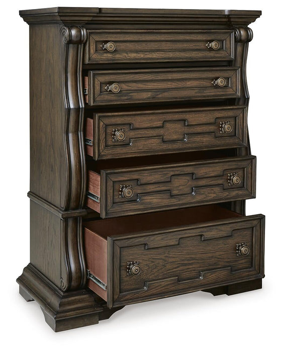 Maylee Queen Upholstered Bed, Dresser, Mirror, Chest and Nightstand