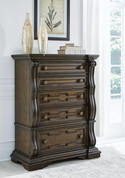 Maylee Queen Upholstered Bed, Dresser, Mirror, Chest and Nightstand