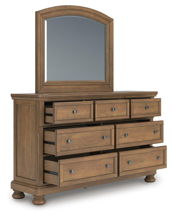 Feddinger King Storage Sleigh Bed with Mirrored Dresser, Chest and Nightstand