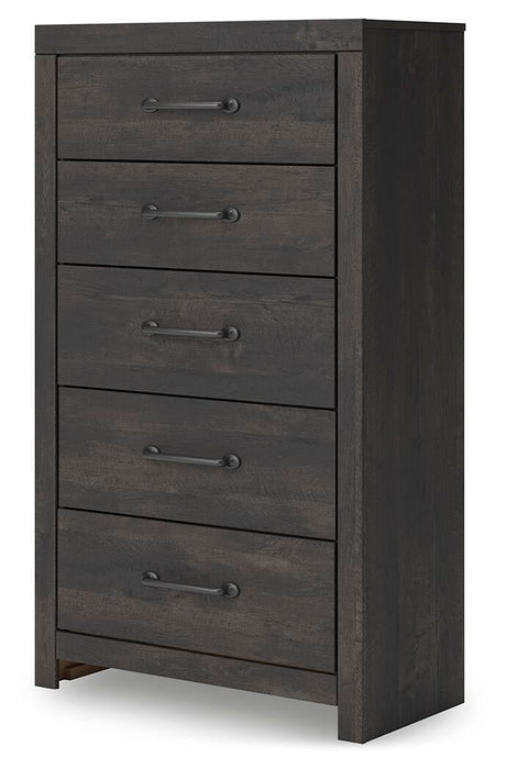 Hollivern King Panel Bed, Dresser, Mirror, Chest and Nightstand