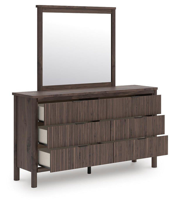Pamytta King Upholstered Panel Platform Bed, Dresser, Mirror and Nightstand