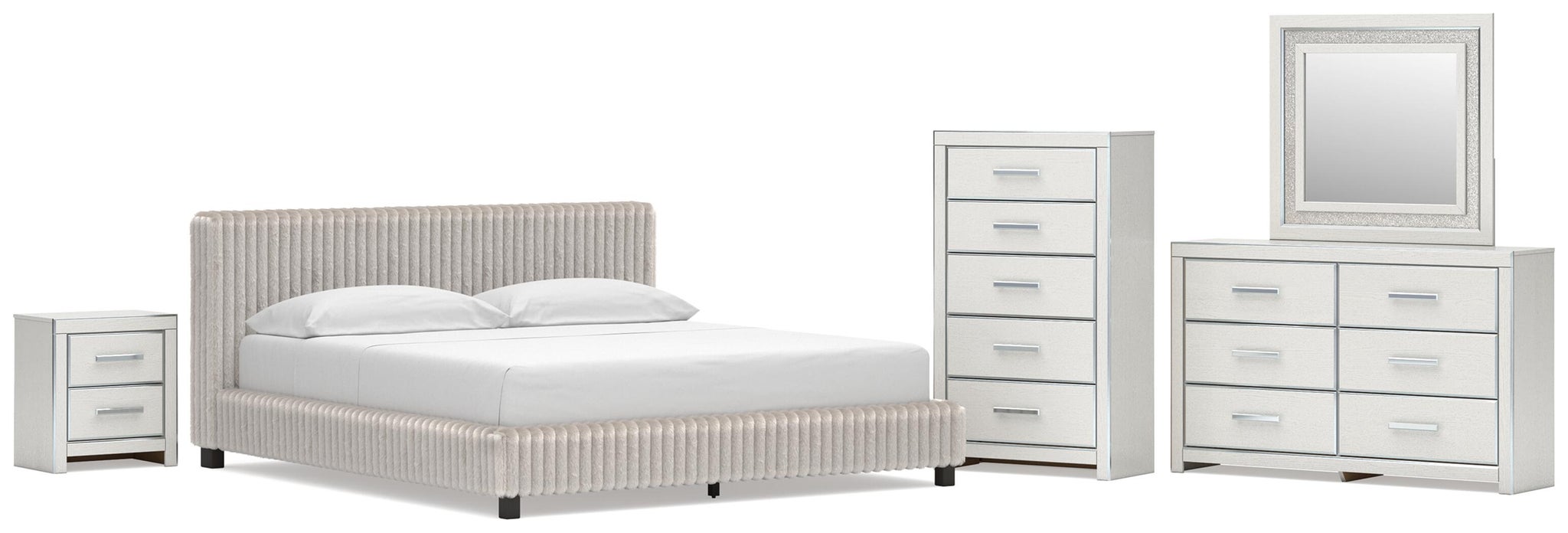Zuraleus California King Upholstered Bed, Dresser, Mirror, Chest and Nightstand