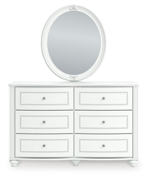 Kozlani Twin Upholstered Panel Bed, Dresser and Mirror