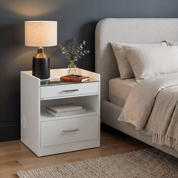 Furda 2-drawer LED Nightstand Bedside Table with Speaker White High Gloss
