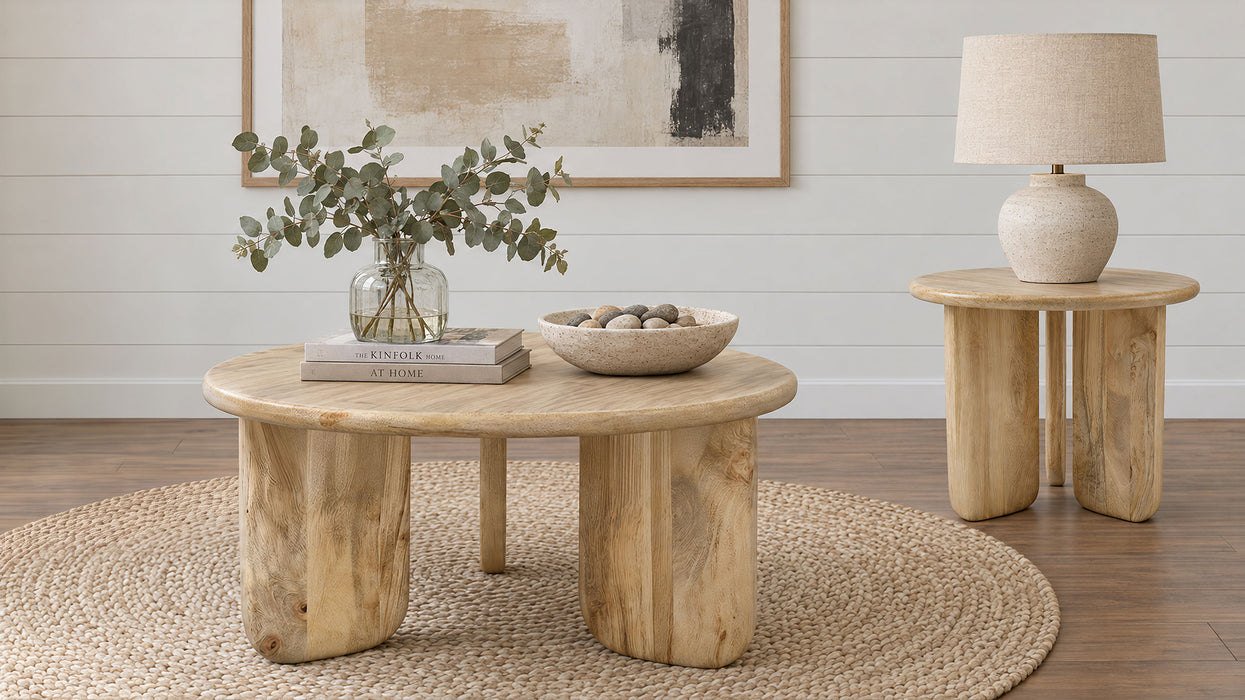 Dale Sculptural Round Solid Mango Wood End Table Natural Mango