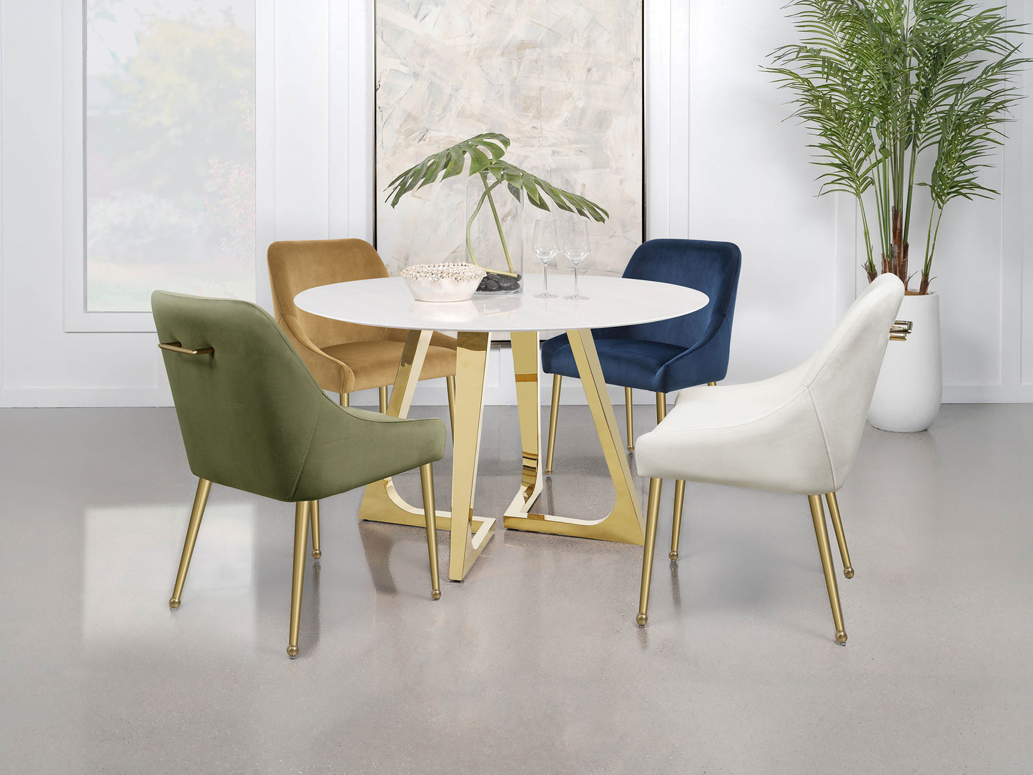 Gwynn Round Dining Table with Marble Top and Stainless Steel Base White and Gold